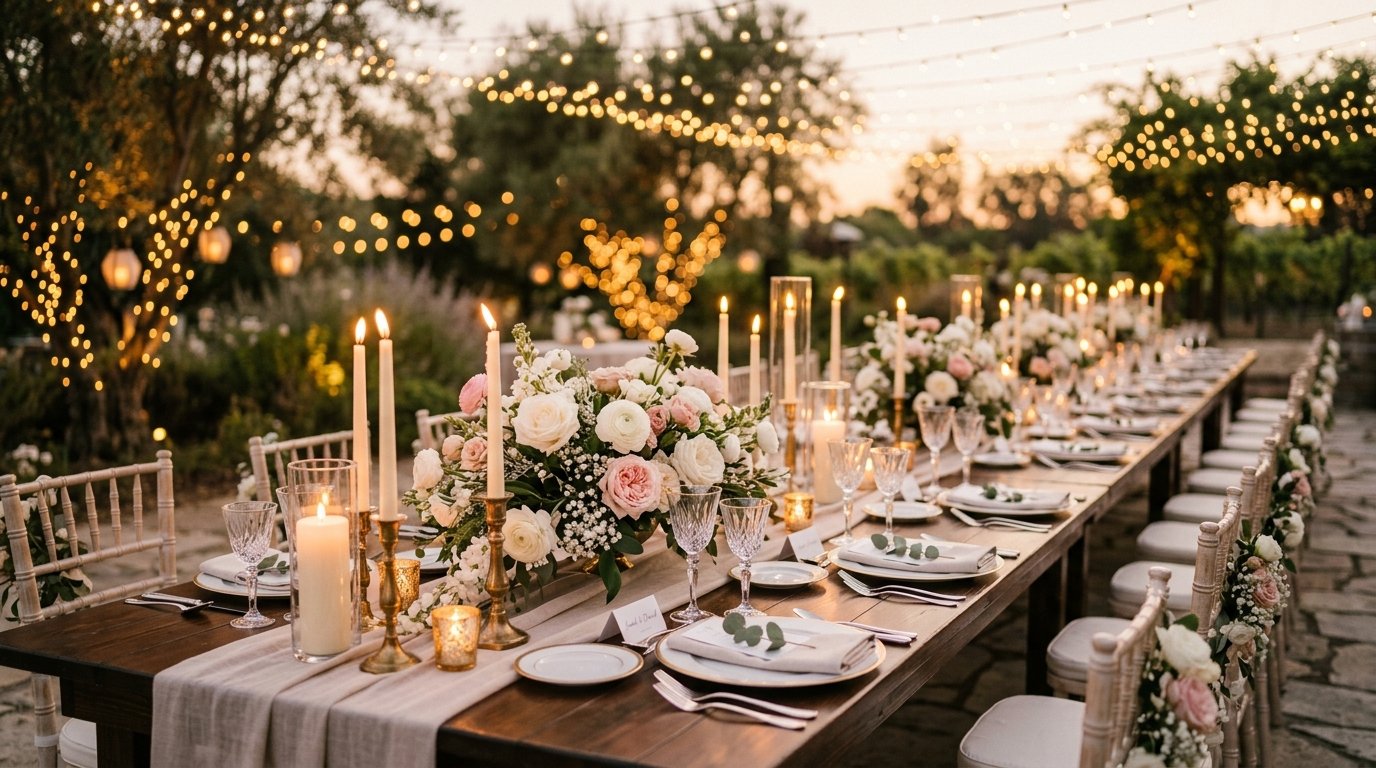 Recepção de casamento elegante com luzes e flores