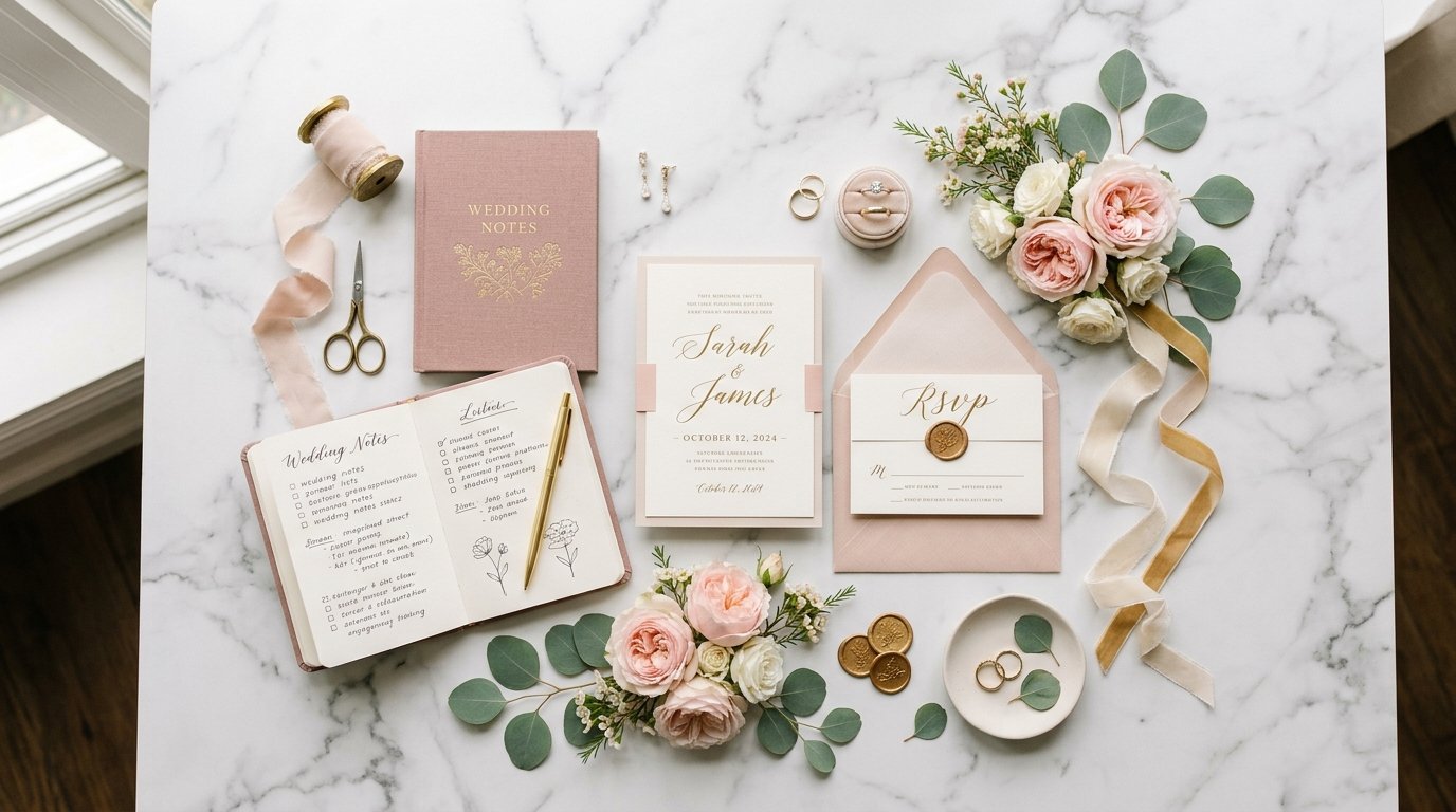 Planejamento de casamento com convites e flores