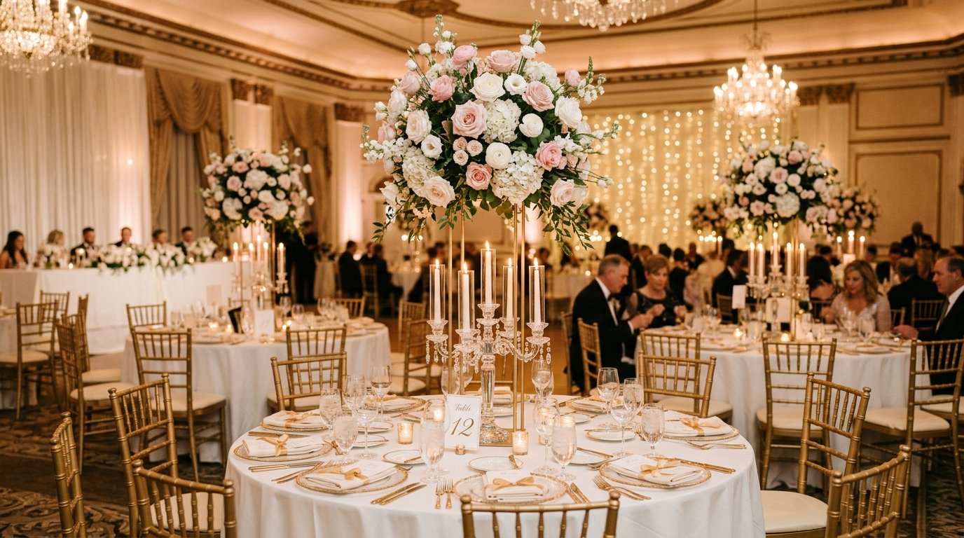 Mesas elegantes de casamento com decoração floral